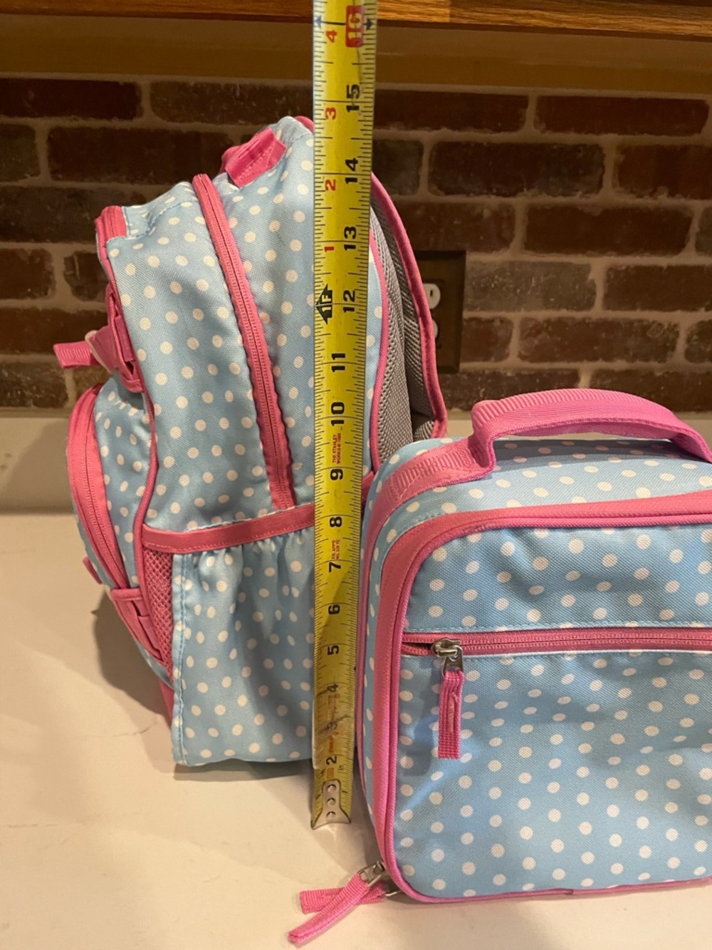 Pottery Barn Kids Blue Polka Dot Backpack & Lunch Bag with Pink Trim - Picture 4 of 10